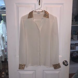 Sheer button up with gold sequin color/cuff